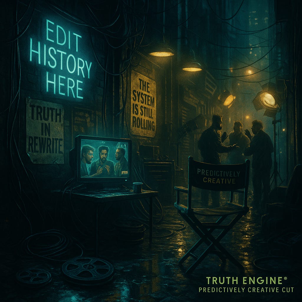 Three men argue heatedly under surveillance lights in a gritty urban backlot, as a TV crew films and extras in army surplus jackets walk past a 'History' truck and a tent marked ‘Democracy Catering.’ A haze of smoke and spotlights gives the street a war-film-meets-media-factory atmosphere.