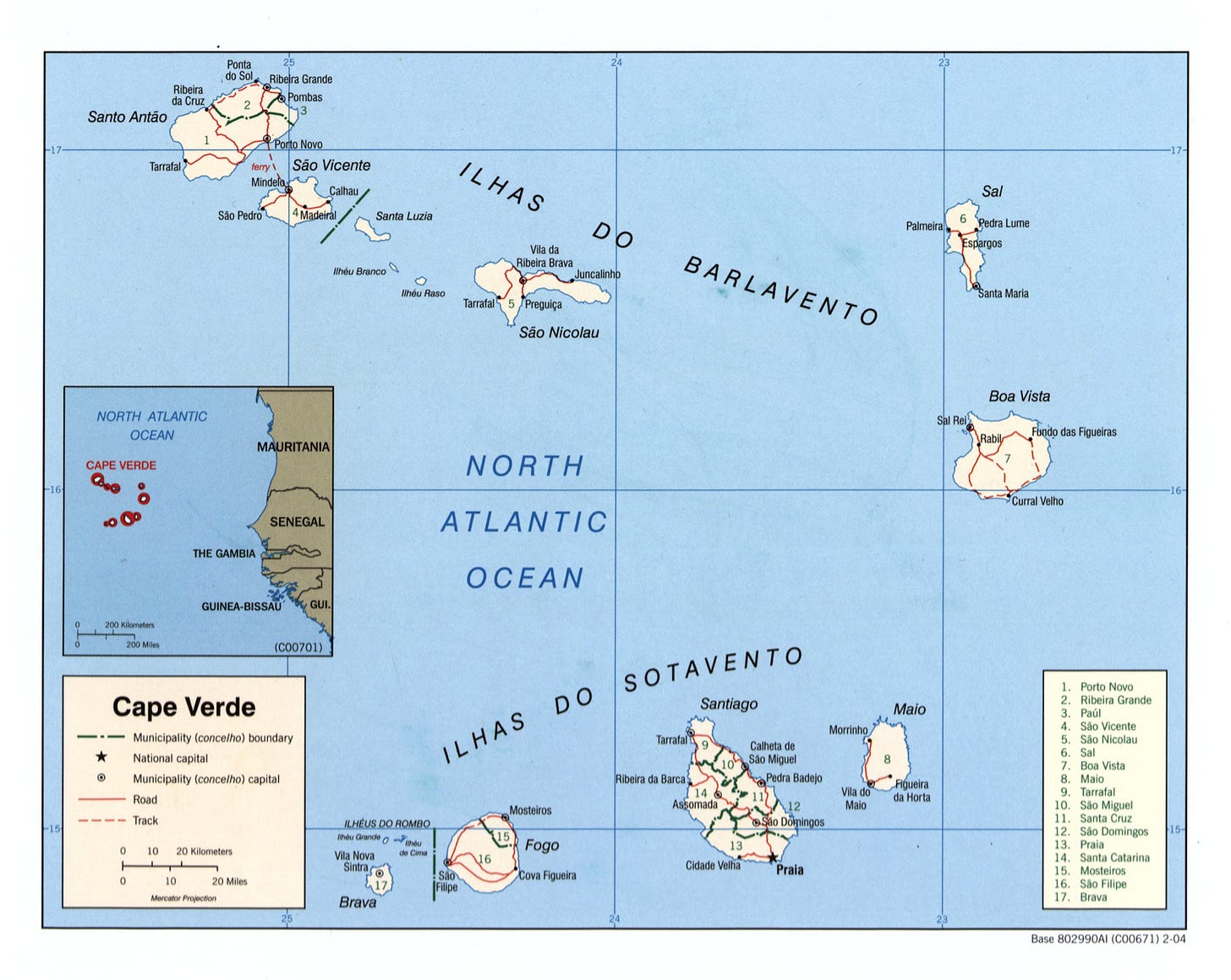 Large scale political and administrative map of Cape Verde with roads and  major cities - 2004 | Cape Verde | Africa | Mapsland | Maps of the World