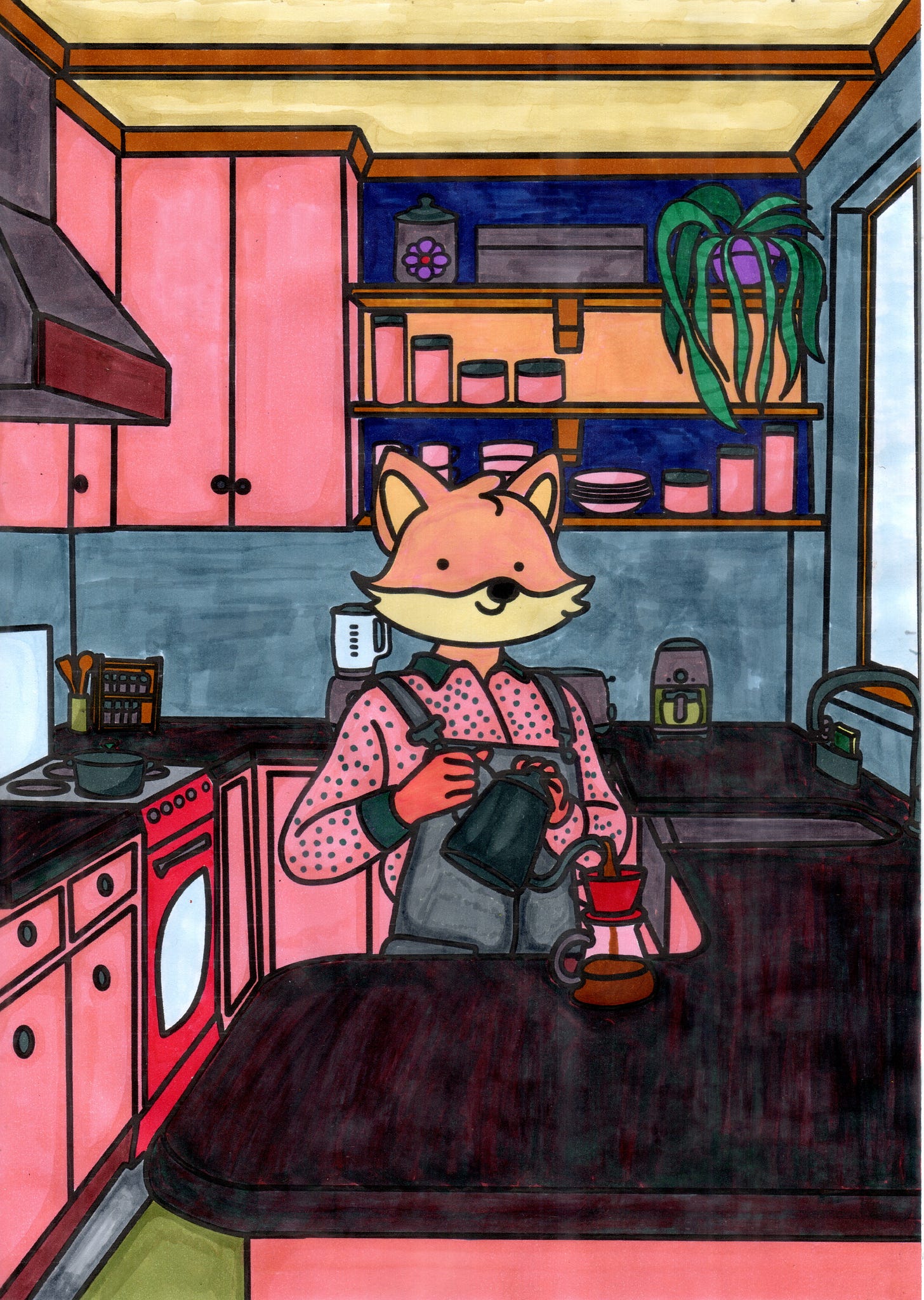 A imagem mostra uma ilustração de um personagem com características de raposa preparando uma bebida em uma cozinha. O personagem, está usando um macacão escuro sobre uma camisa rosa com bolinhas. Ele está segurando uma chaleira ou bule e despejando líquido em um recipiente sobre a bancada. A cozinha tem armários e prateleiras em tons de rosa e azul, com uma bancada escura. Elementos comuns de cozinha como fogão, exaustor, torradeira e uma planta pendurada também são visíveis. A imagem mostra uma ilustração de um personagem com características de raposa preparando uma bebida em uma cozinha. O personagem, está usando um macacão escuro sobre uma camisa rosa com bolinhas. Ele está segurando uma chaleira ou bule e despejando líquido em um recipiente sobre a bancada. A cozinha tem armários e prateleiras em tons de rosa e azul, com uma bancada escura. Elementos comuns de cozinha como fogão, exaustor, torradeira e uma planta pendurada também são visíveis.