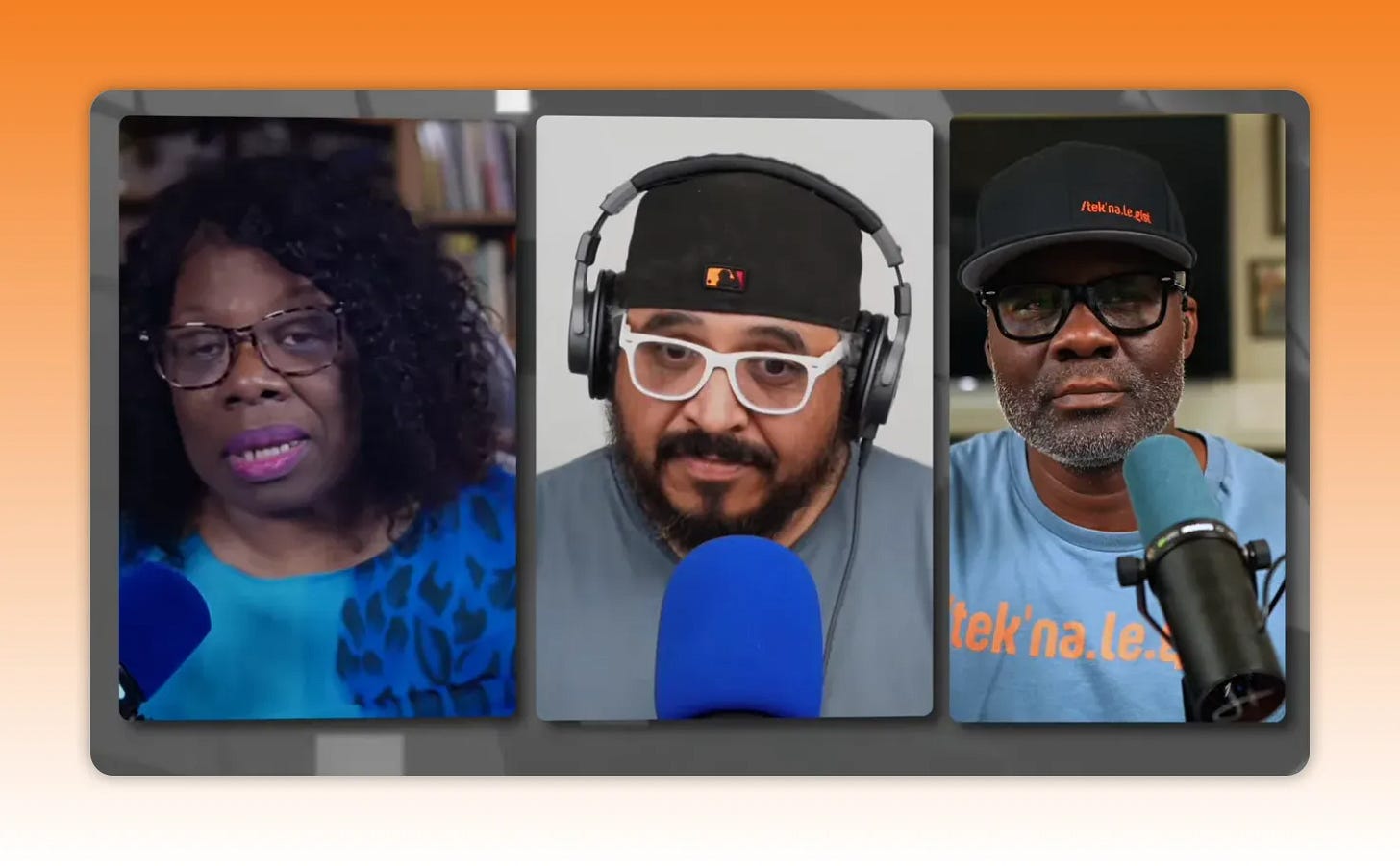 Podcast panel screenshot of three speakers discussing automation workflows and reducing friction in content creation Podcast panel screenshot of three speakers discussing automation workflows and reducing friction in content creation