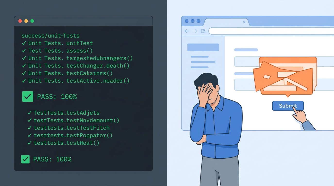 Split-screen illustration contrasting passing unit tests with a frustrated user facing a broken form submission. Split-screen illustration contrasting passing unit tests with a frustrated user facing a broken form submission.
