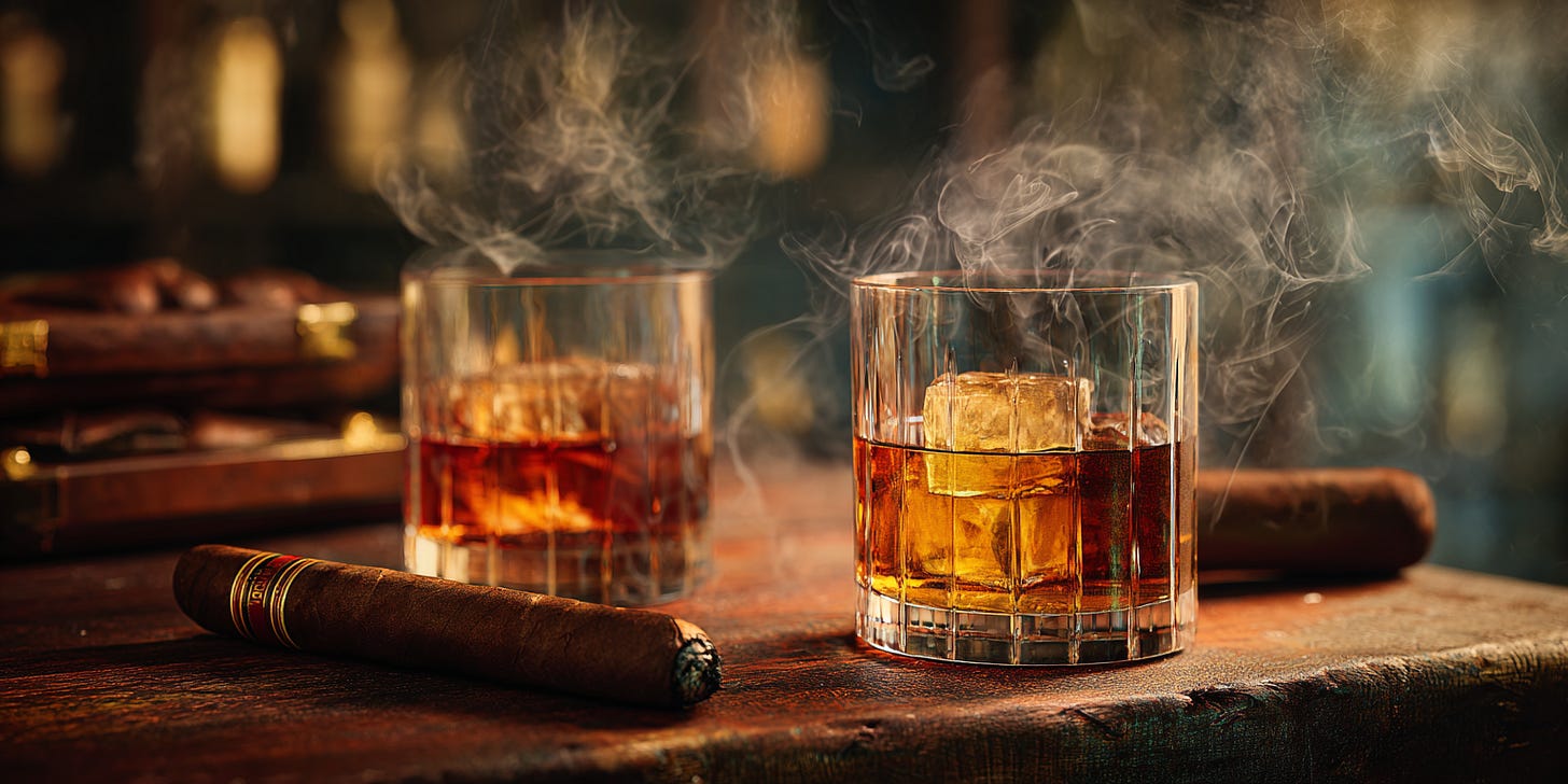 Maduro cigar pairing with bourbon and Scotch whisky on a bar Maduro cigar pairing with bourbon and Scotch whisky on a bar