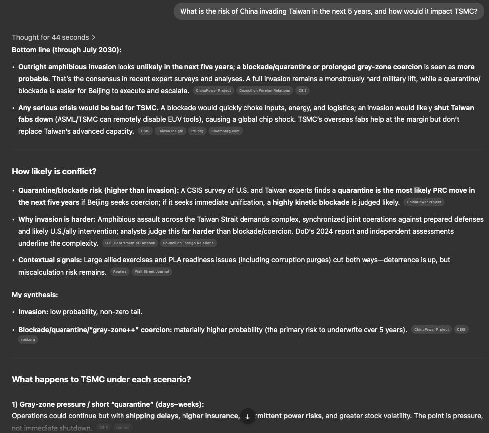 ChatGPT analysis of the risk of China invading Taiwan and its potential impact on TSMC, highlighting geopolitical scenarios including blockade, gray-zone pressure, and supply chain disruptions—featured in Beating the Tide newsletter’s discussion on geopolitical risks in investing. ChatGPT analysis of the risk of China invading Taiwan and its potential impact on TSMC, highlighting geopolitical scenarios including blockade, gray-zone pressure, and supply chain disruptions—featured in Beating the Tide newsletter’s discussion on geopolitical risks in investing.