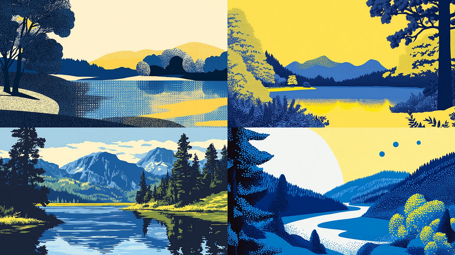 SW 20. /imagine prompt: an illustration of a landscape with a lake, blue and yellow — sref 4188538948 — sw 20 — ar 16:9 — v 6.1 SW 20. /imagine prompt: an illustration of a landscape with a lake, blue and yellow — sref 4188538948 — sw 20 — ar 16:9 — v 6.1