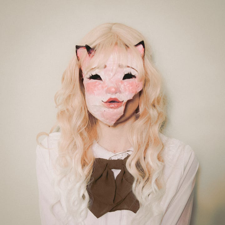 Ritratti di Rhea Doll in forma umana e forma rhaetiana con maschera (a destra)