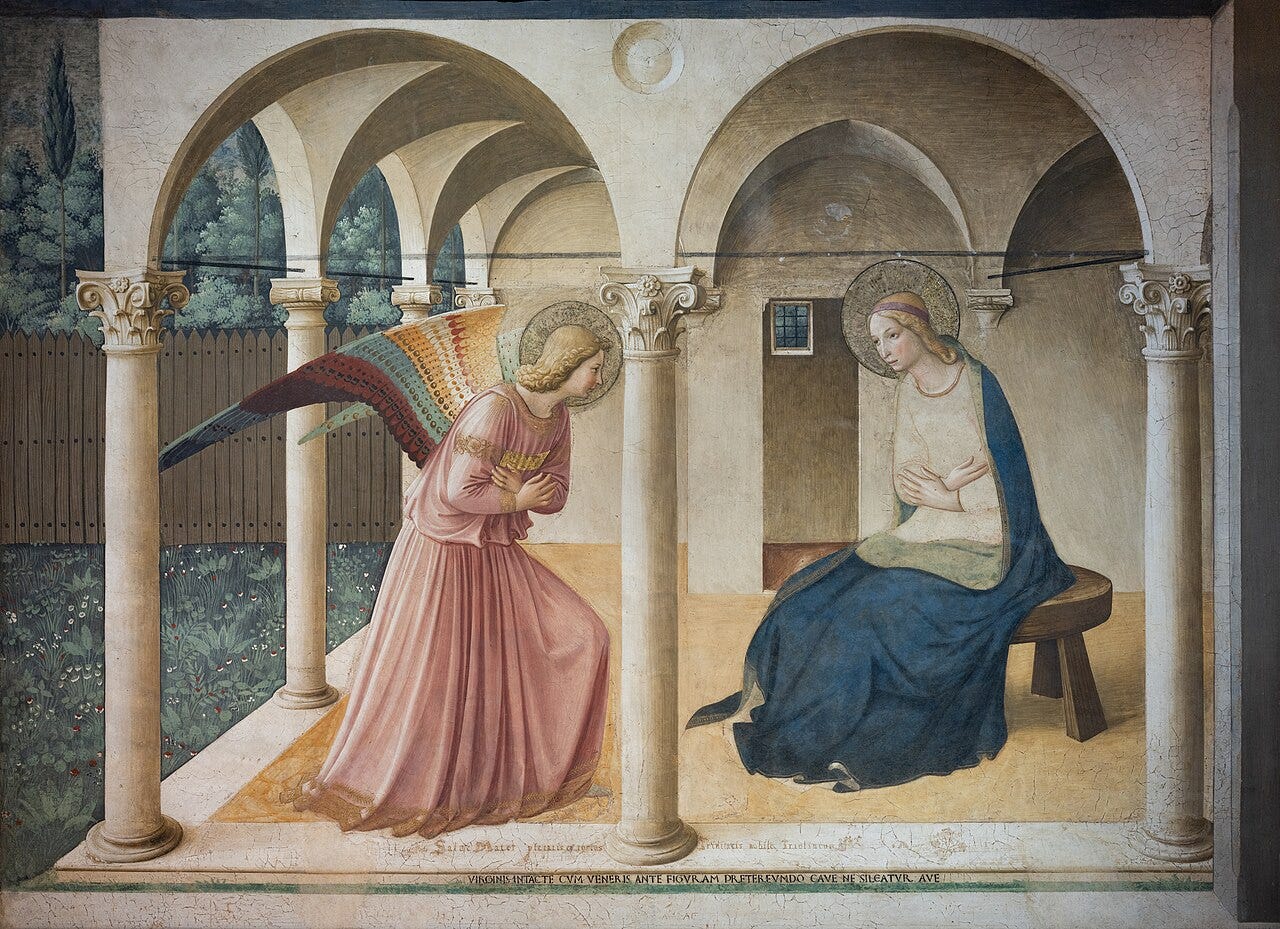 Fra Angelico, The Annunciation, a serene fresco in a monastery at San Marco Fra Angelico, The Annunciation, a serene fresco in a monastery at San Marco