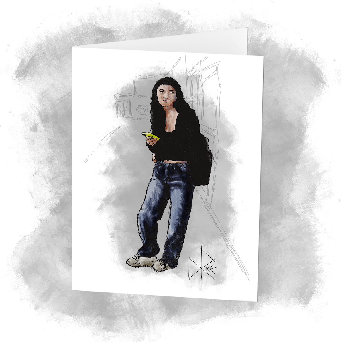 A teen briefly pauses her walk to look around, one hand holding her phone and the other on her hip as she wraps that arm around her midriff. Sketch art by Don Rice.