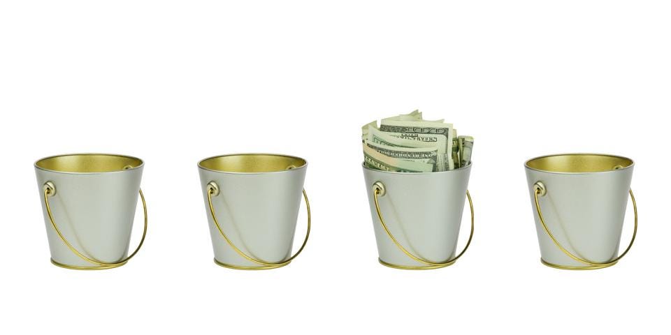 Four backets, one with money Four backets, one with money