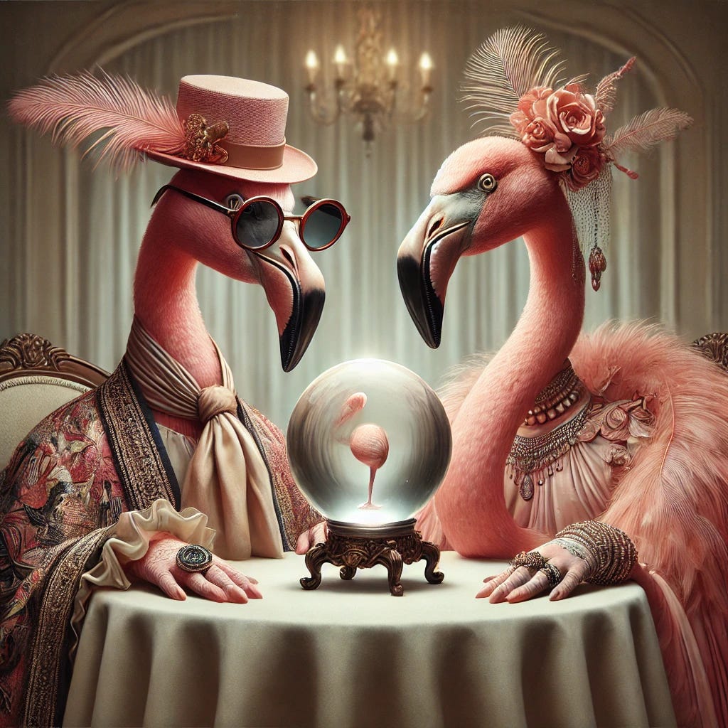 Two flamingos anthropomorphized as elegantly dressed individuals, sitting at a round table draped with a luxurious tablecloth. The flamingos have curious and intrigued expressions, gazing at a glowing crystal ball in the center of the table. They are adorned in stylish, flamboyant attire with accessories such as hats, jewelry, and scarves. The crystal ball is empty and glowing with a mystical light, illuminating the scene. The background is an opulent, softly lit interior with subtle hints of tropical elegance, creating a whimsical and surreal atmosphere.