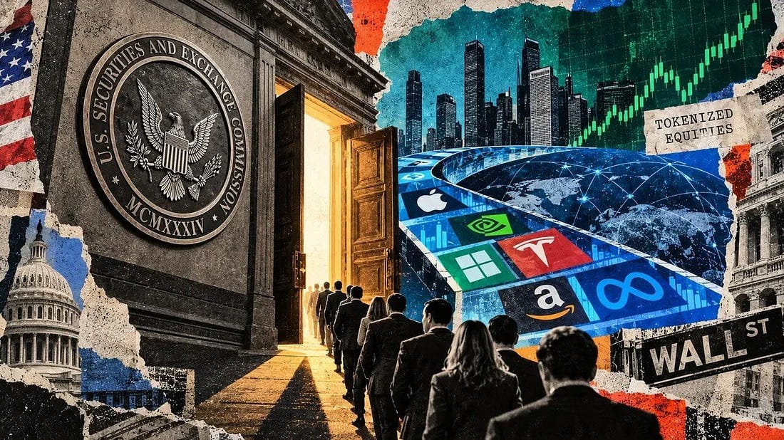 Editorial collage of investors entering the SEC as tokenized shares of major companies connect Wall Street with global blockchain markets. Editorial collage of investors entering the SEC as tokenized shares of major companies connect Wall Street with global blockchain markets.