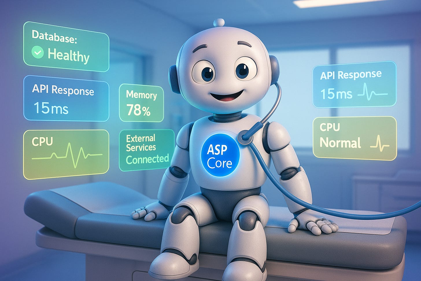 ASP.NET Core robot getting a health check with system vitals displayed. ASP.NET Core robot getting a health check with system vitals displayed.