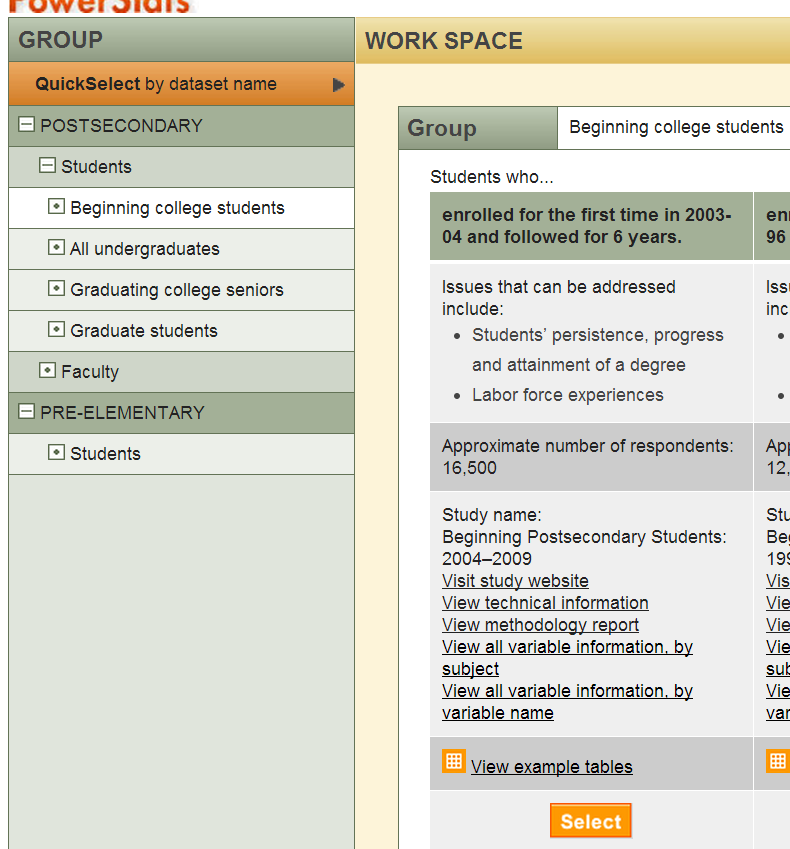 NCES survey choose a data set
