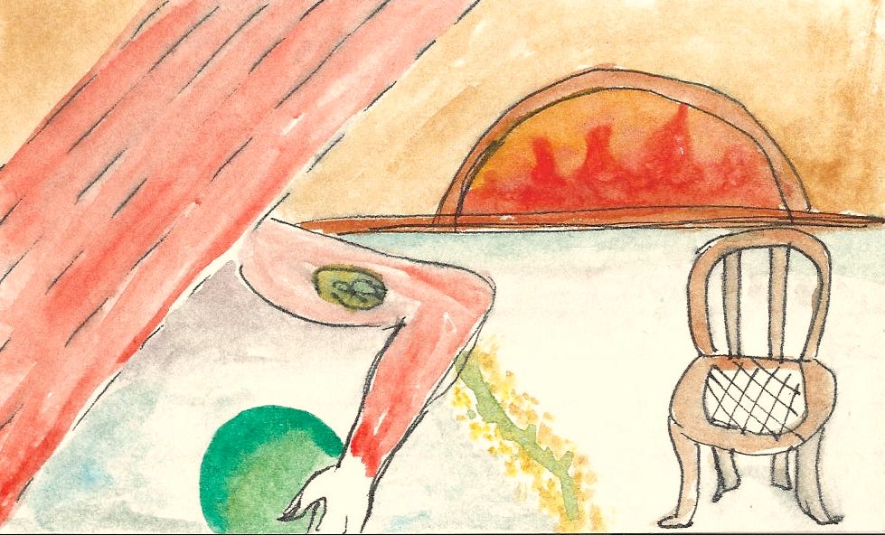 drawing of a tatooed arm, hearth fire, chair