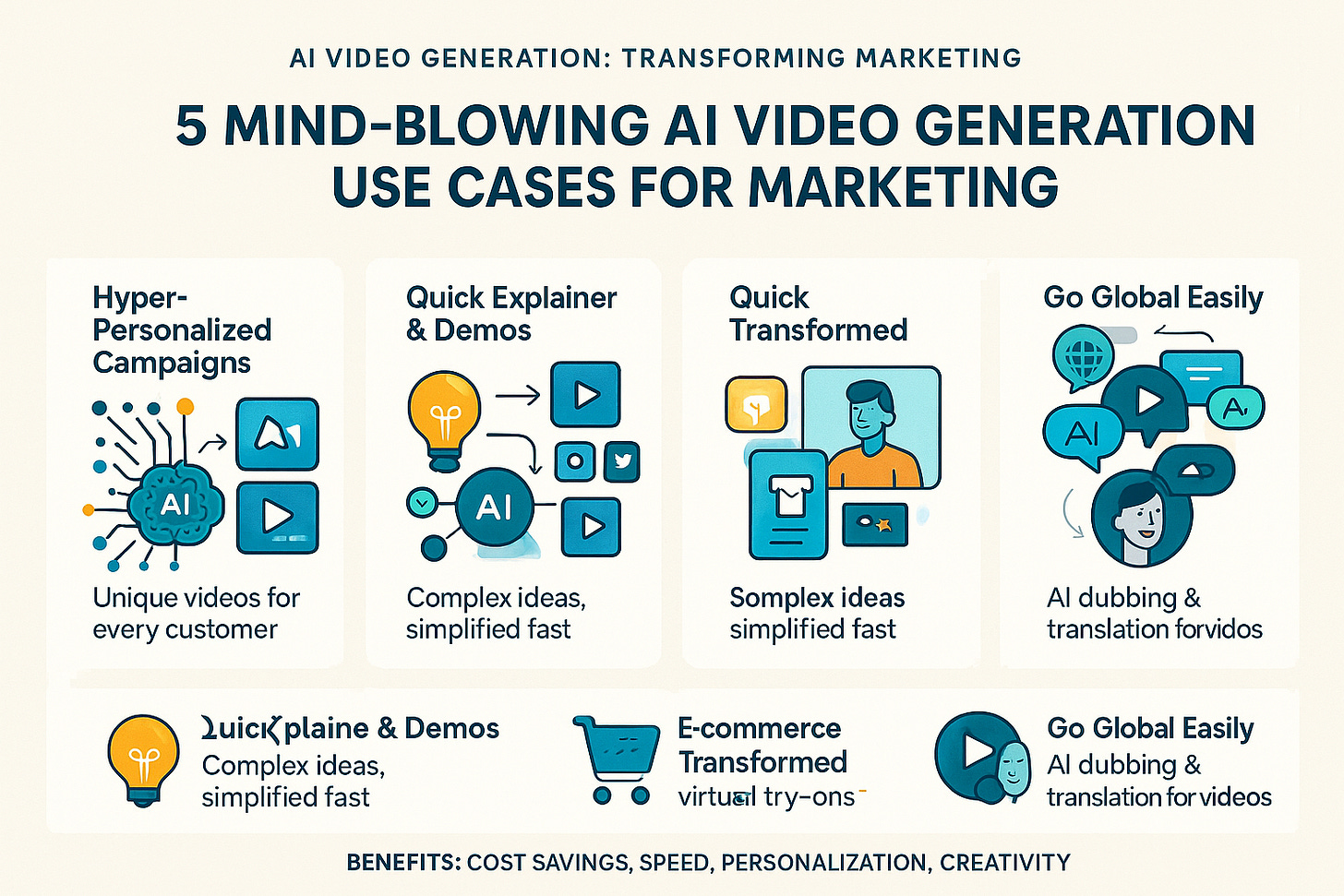 Infographic showing 5 use cases of AI video generation in marketing: personalized videos, social content creation, product explainers, dynamic ads, and email onboarding videos. Icons and visuals support each section