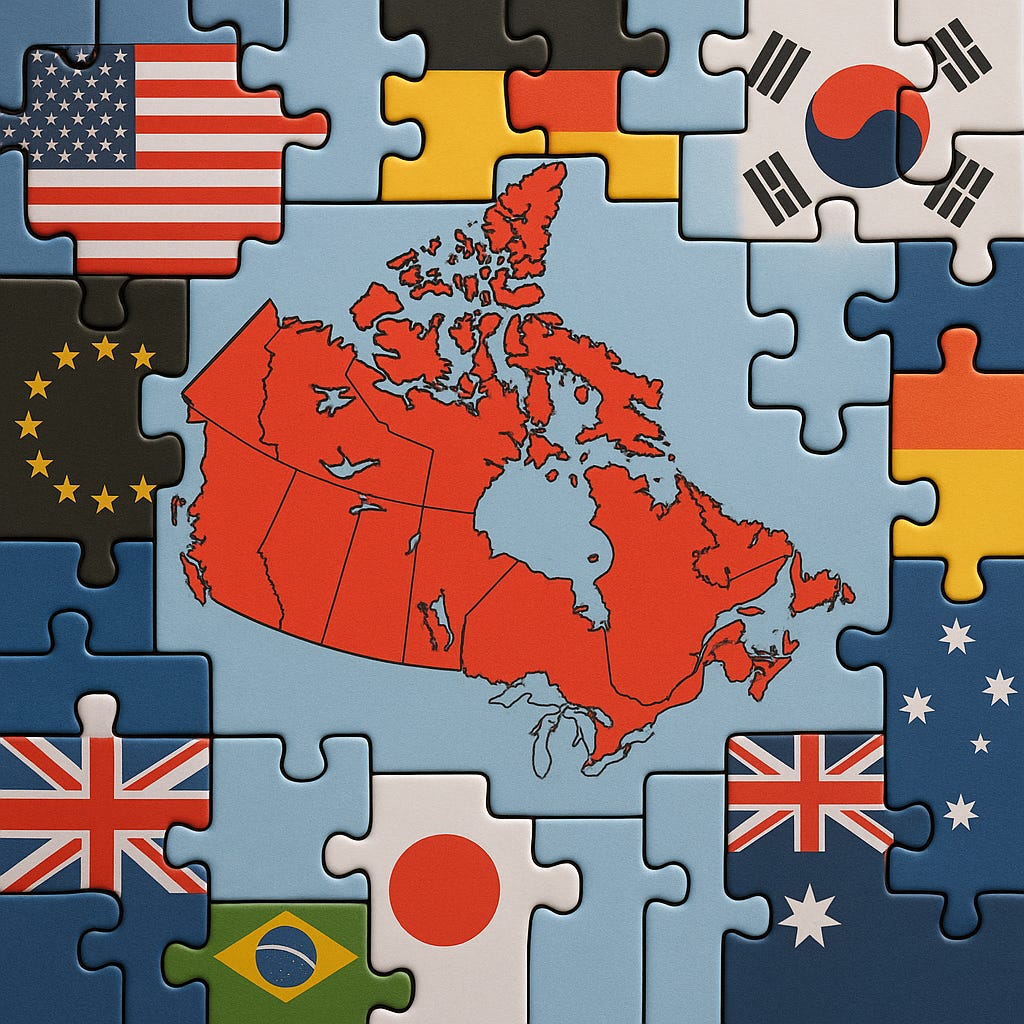 A jigsaw puzzle showing Canada in the center, surrounded by puzzle pieces featuring flags of countries like the U.S., EU, Japan, Brazil, South Korea, and Australia.
