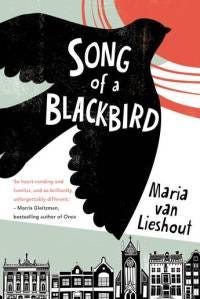 A blackbird flying against a white, red and greenish grey background with the city of Amsterdam in black at the bottom. There is white text on the blackbird that says Song of a Blackbird above black text that says Maria van Lieshout.