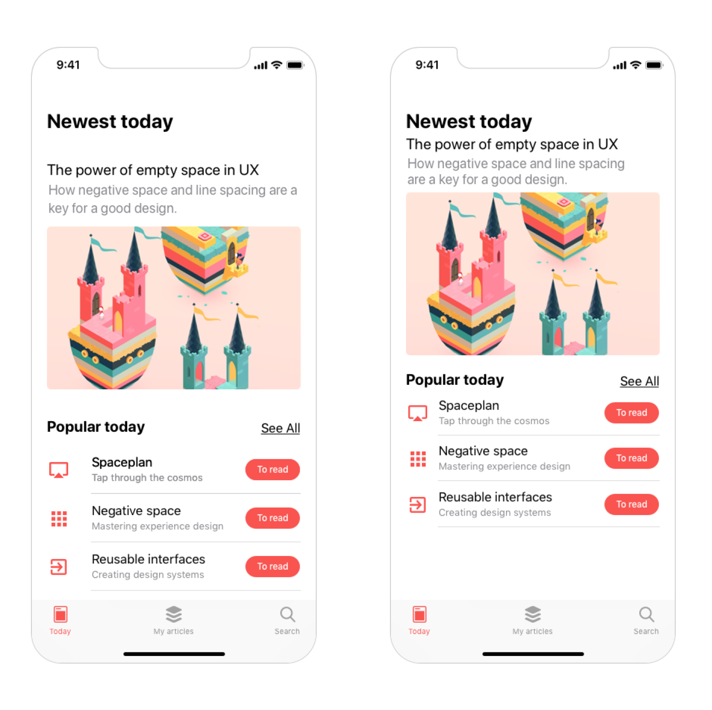 two mobile screens showing a design with good spacing (left) and bad spacing (right)