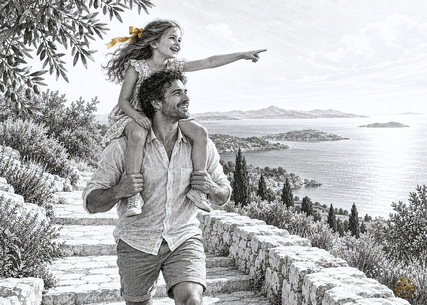 A father carries his laughing daughter along a coastal path as she points towards the sea, a gold ribbon accenting her hair in the black-and-white illustration.
