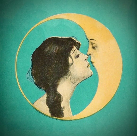 a dark haired woman kisses the moon