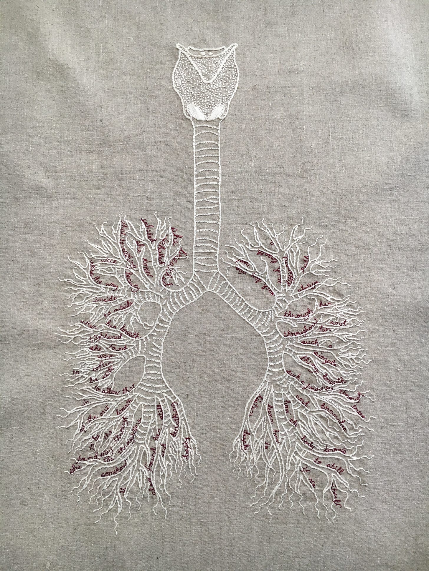 she breathed (2018)  An embroidery on a pale natural linen. There is a bone white diagram of a vocal apparatus, trachea, and bronchi/lungs. In between the branches of the bronchioles are small words embroidered in cursive in thin burgundy thread. They read: she breathed. Inhaled. exhaled. she knew. that breathing. was beauty. was the way. inside. to outside. when her breath. tightened. she found. ways. to soften. be still. to allow that. in. of the out. breath. to be. the. way through. she found the throughline. somehow. it. also found her. still. and   breathing. deeply. each day was. new. each breath. a. different. path. always. through her. and. throughout her. such a. simple. thing, breath. such a journey. through. trees. and. branches. how the body knows. to still. itself. if we learn how. to. listen deeply.