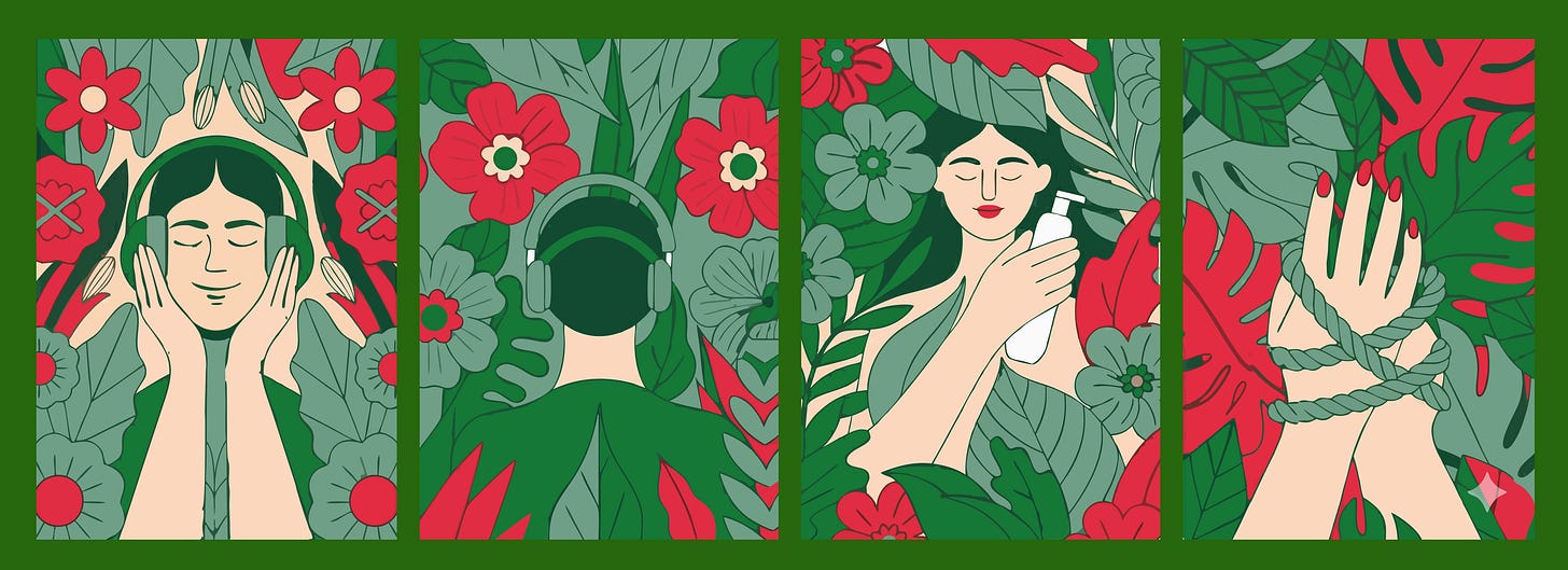 Visual ASMR artwork by Karo Zieminski for Product with Attitude, using flat illustration, botanical textures, and human gestures to represent tactile UX, vicarious touch processing, sensory calm, and emotionally resonant AI-generated design. Visual ASMR artwork by Karo Zieminski for Product with Attitude, using flat illustration, botanical textures, and human gestures to represent tactile UX, vicarious touch processing, sensory calm, and emotionally resonant AI-generated design.