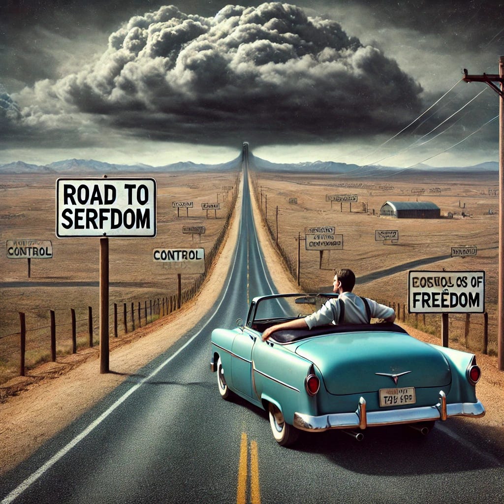A surreal depiction of someone riding shotgun in a car traveling along a long, winding road labeled 'Road to Serfdom'. The landscape around is barren, with ominous clouds gathering overhead, representing economic and political uncertainty. The passenger in the front seat looks thoughtful and apprehensive, gazing out the window as the road disappears into the horizon. The car itself is old, symbolizing a journey through time, and there are signposts along the road that signify stages of control or loss of freedom, reinforcing the theme of a gradual path to serfdom.
