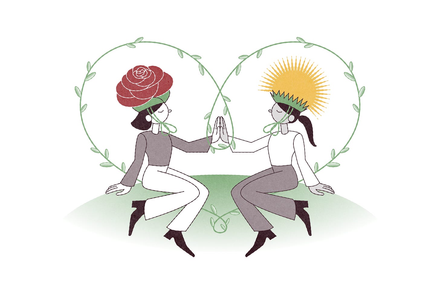 An illustration of two figures sitting on a grassy hill touching their palms together with their eyes closed, looking peaceful. One wears a giant red rose as a hat. The other wears a big yellow dandelion. Around them in the shape of a heart are green vines. An illustration of two figures sitting on a grassy hill touching their palms together with their eyes closed, looking peaceful. One wears a giant red rose as a hat. The other wears a big yellow dandelion. Around them in the shape of a heart are green vines.