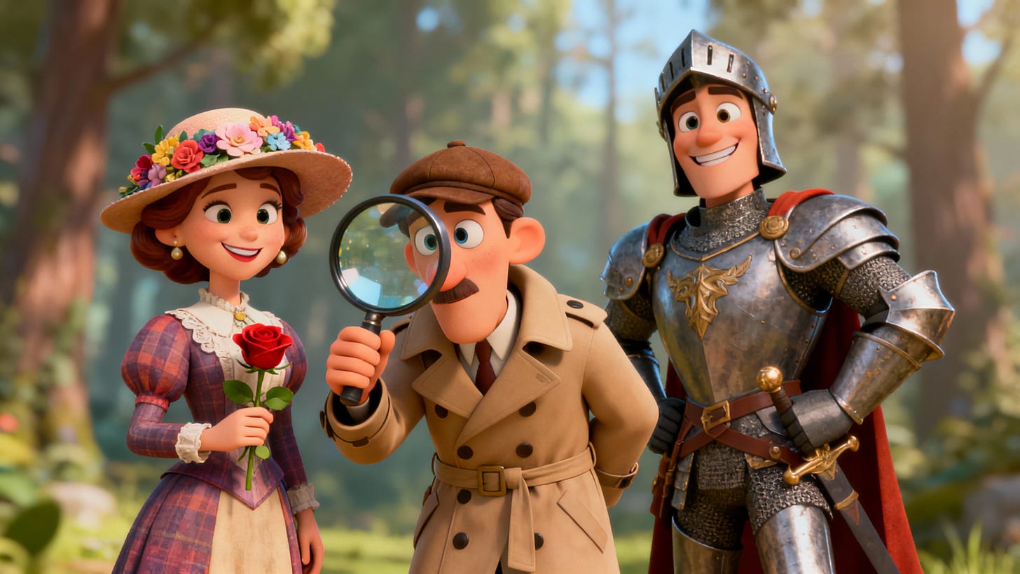 Characters representing genre stereotypes: romantic lady, genius detective with a magnifying glass, and a knight in shining armor Characters representing genre stereotypes: romantic lady, genius detective with a magnifying glass, and a knight in shining armor