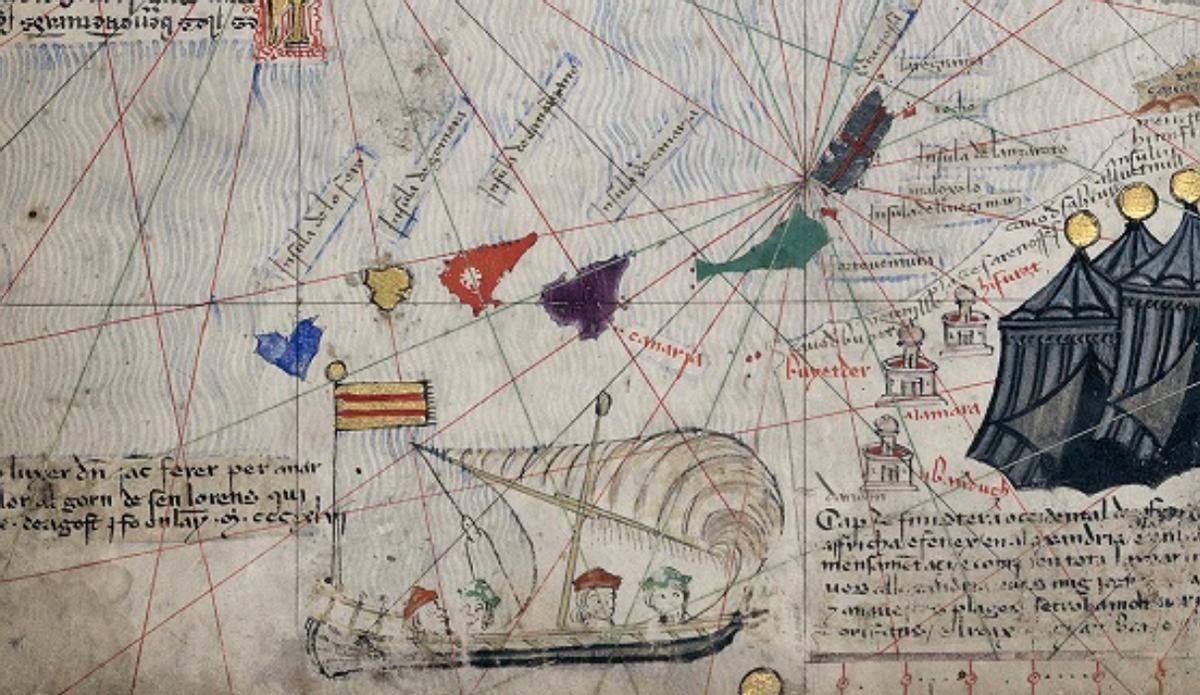 Fragmento del Atlás Catalán del siglo XIV, de Cresques Abraham, donde aparecen representadas las Islas Canarias. Fragmento del Atlás Catalán del siglo XIV, de Cresques Abraham, donde aparecen representadas las Islas Canarias.