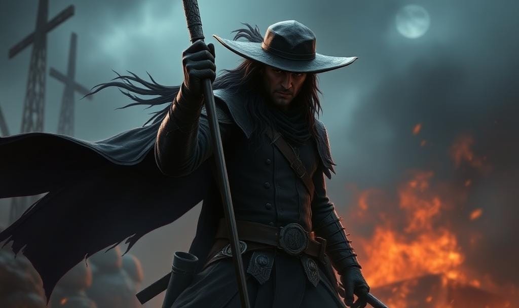 The preacher stands with weapons in hand before a burning building