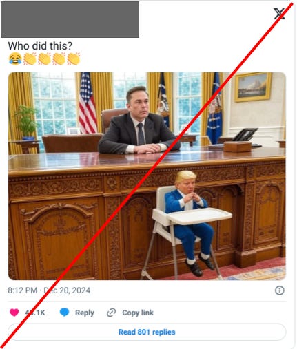 Screenshots of synthetic content posts: Trump and Harris holding hands on the beach; Musk sitting behind the Resolute Desk with Trump in a highchair in front of him; Musk and Trump playing instruments at Christmas
