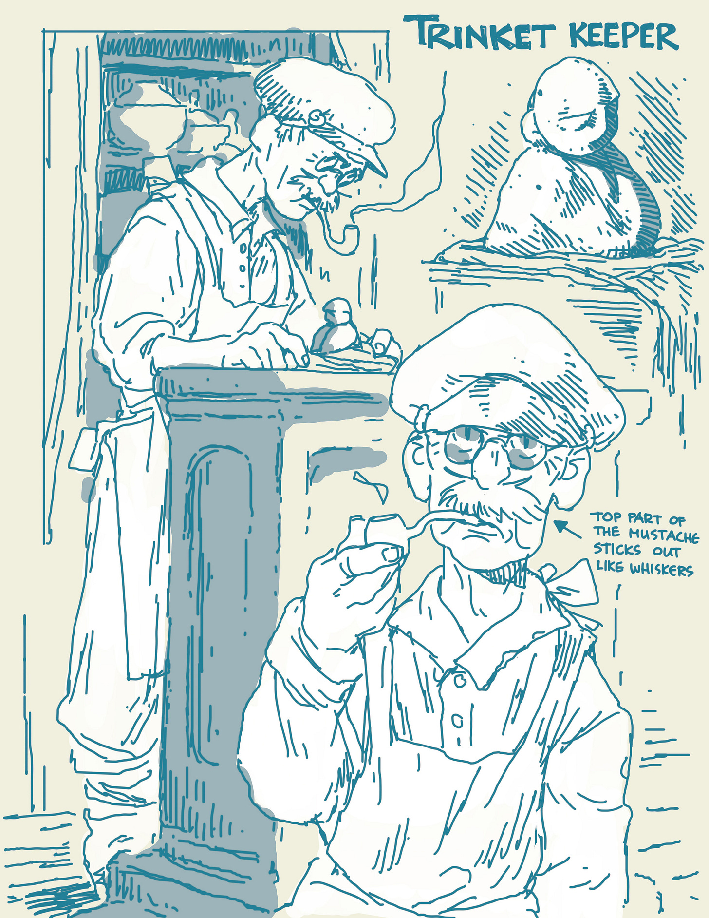 an old man inspecting a stone statue