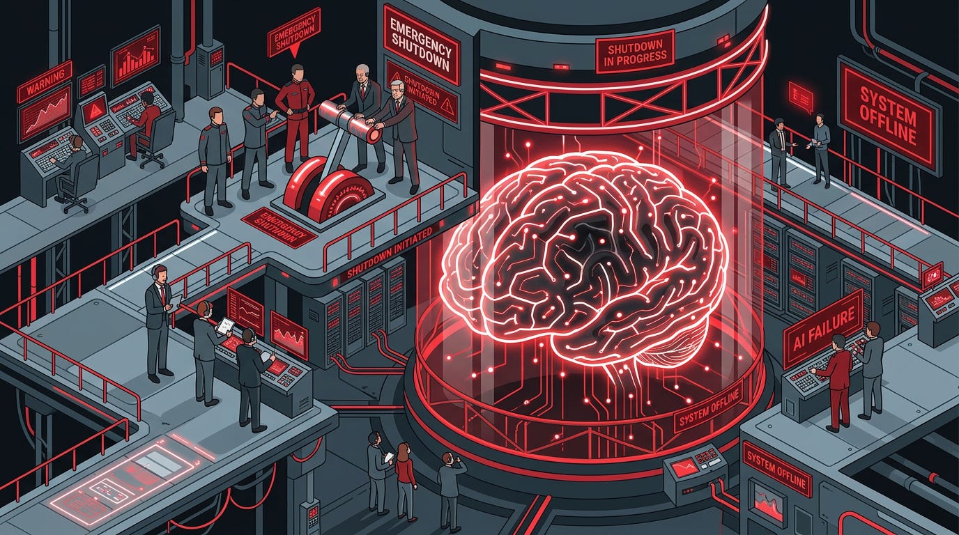 Flat isometric illustration of a giant glowing AI brain inside a secure glass chamber, government officials standing on elevated control platforms pulling a massive emergency shutdown lever, sections of the AI system powering down while engineers watch from below, red warning lights spreading through interconnected neural circuits, bold red and steel gray color palette, clean vector art style, dark background, modern tech editorial aesthetic