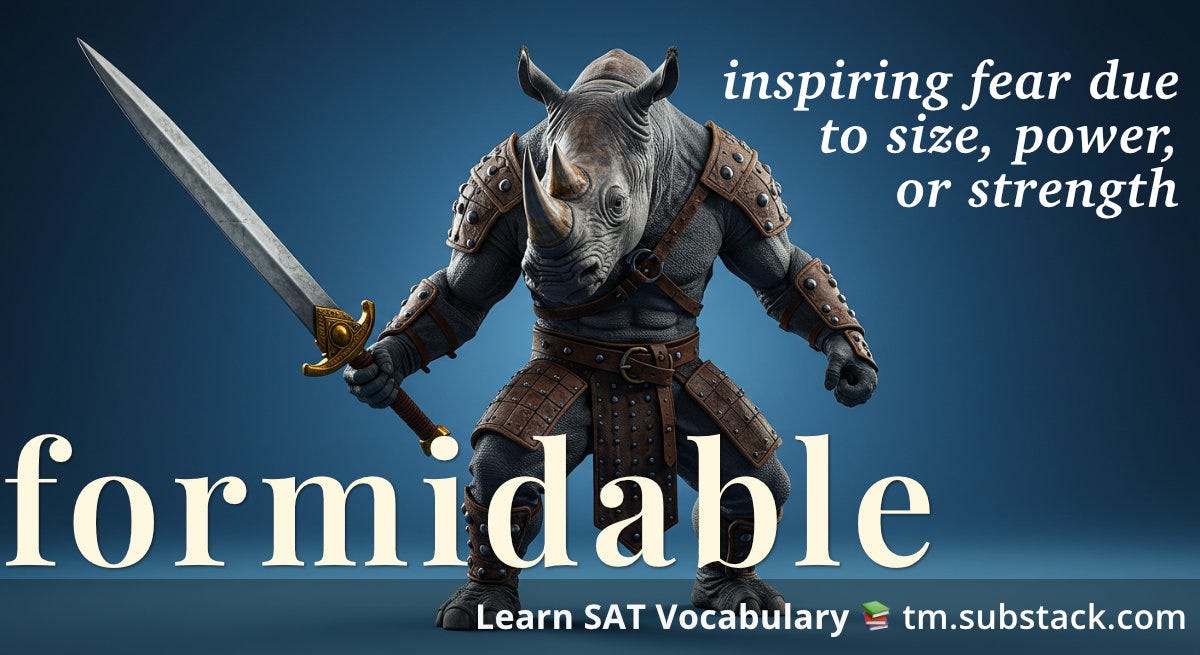 Illustration of a rhinoceros in armor looking formidable despite its small size; used to illustrate the SAT word 'formidable'.