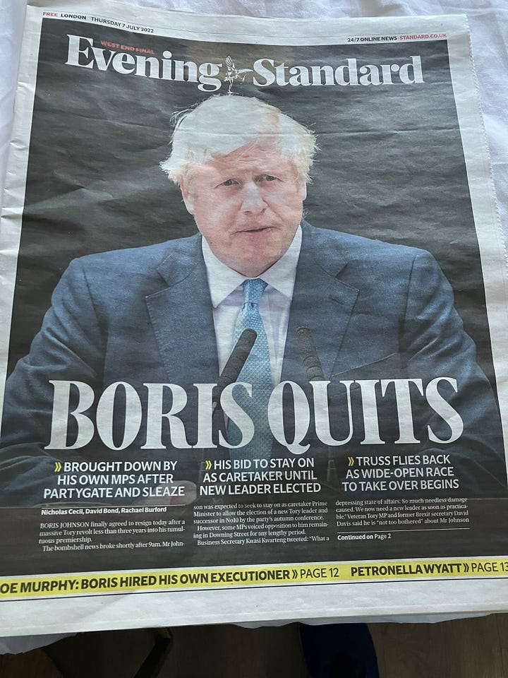 Drawing of Westminster Hall shown in the home of Winston Churchill. Newspaper and greeting card shots related to Prime Minister Boris Johnson.