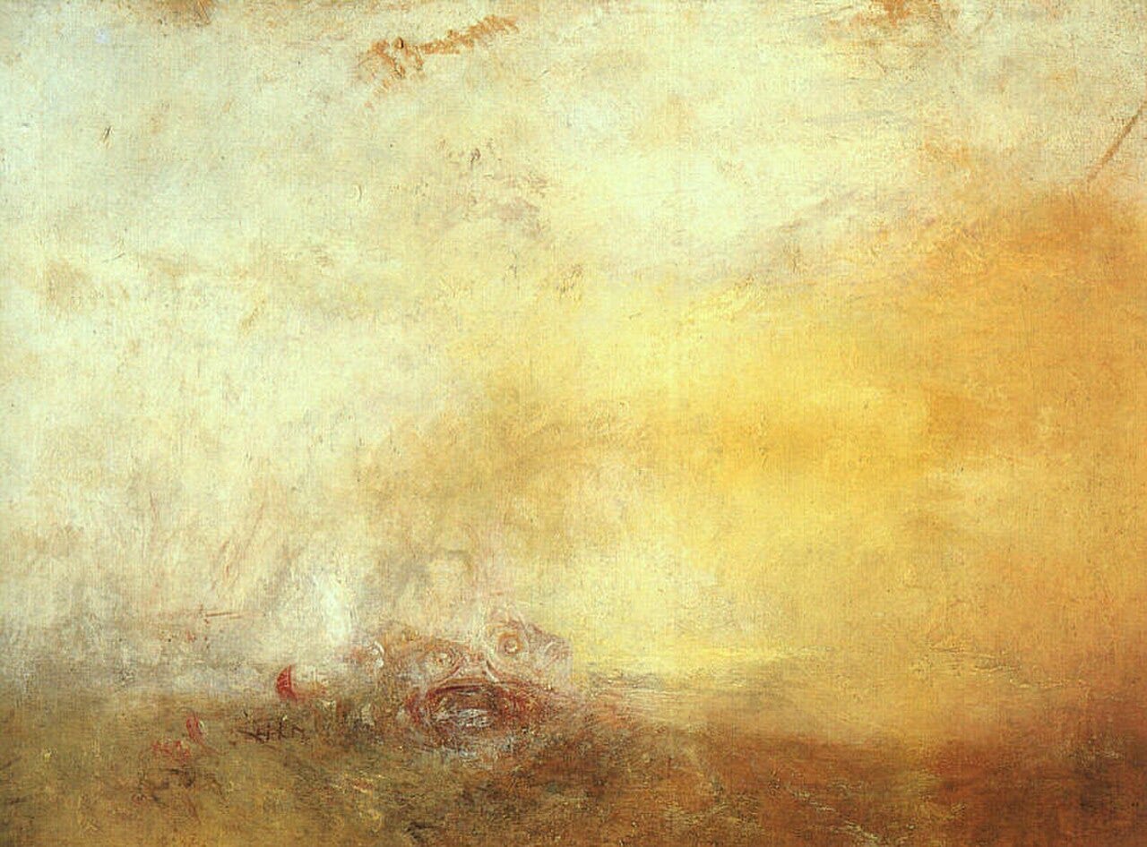 Turner's late unfinished sunrise, a wall of yellow and pink light over water Turner's late unfinished sunrise, a wall of yellow and pink light over water