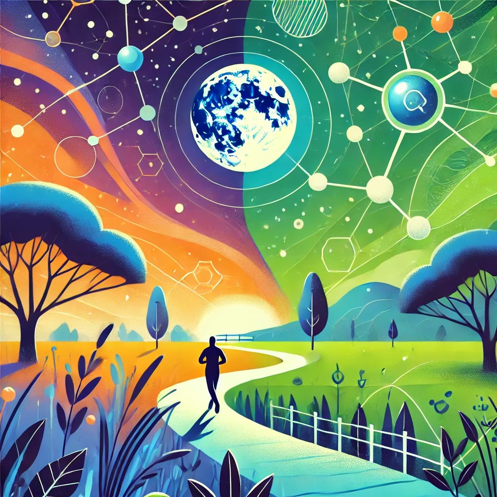 A vibrant and engaging cover art depicting a harmonious blend of health and well-being themes. The design includes a serene night sky with a full moon, symbolizing sleep, and a silhouette of a person walking on a winding path through a lush green park, representing physical activity. The background incorporates subtle scientific elements like molecular structures or neurons to reflect the article's focus on science-backed health tips. The overall aesthetic should be clean and modern, evoking a sense of calm and inspiration.