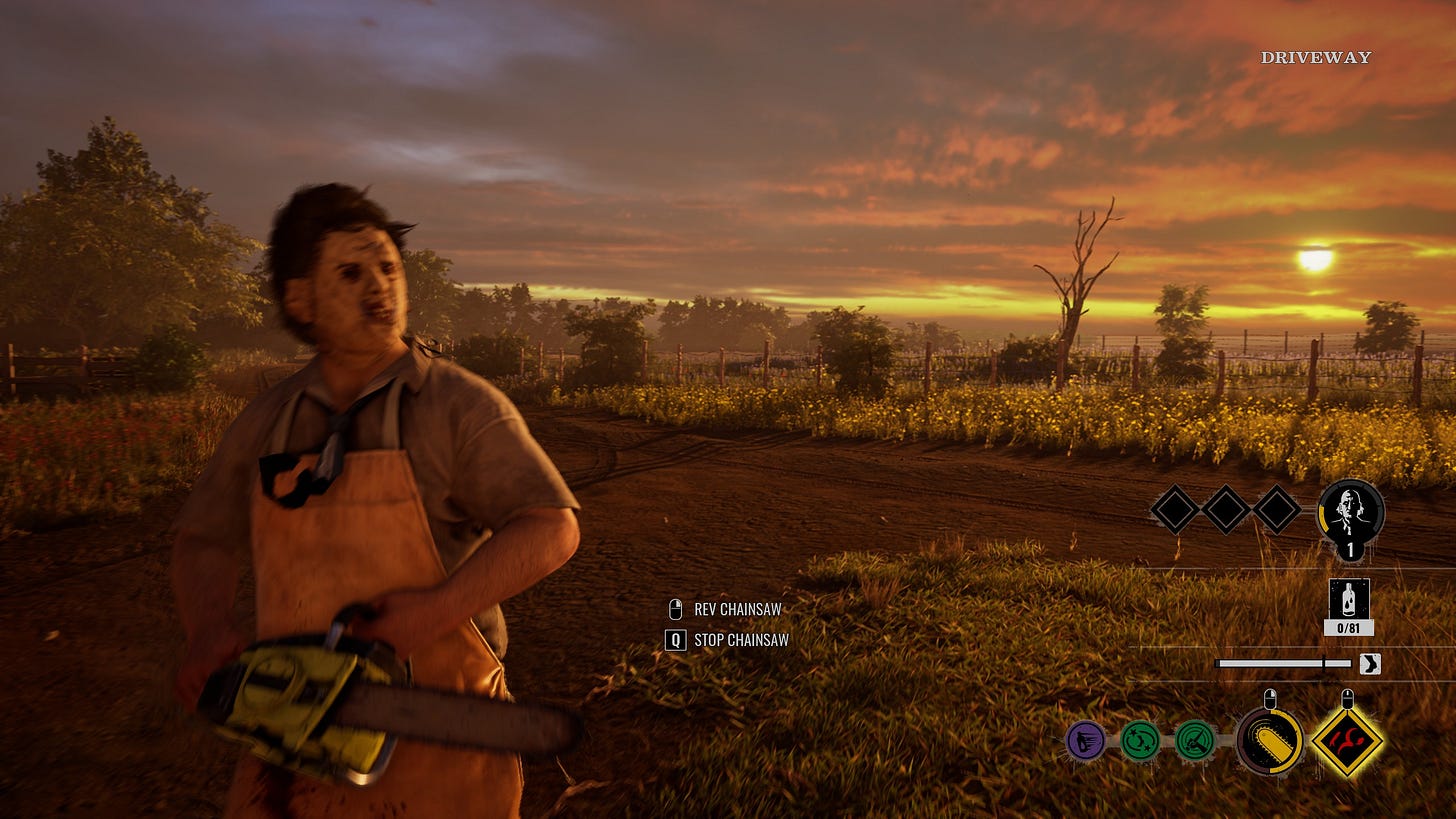 A screenshot of the game The Texas Chainsaw Massacre showing the character Leatherface with the titular mask and chainsaw next to a sunset blood sky over the fields of the farm.