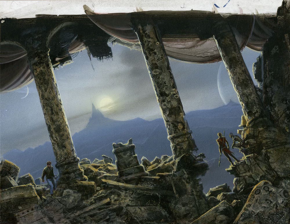 Preliminary concept for Z-World featuring figures posed in ruins looking through pillars at the silhouette of a mountain in on the tilted horizon. In the right of the images, a man is standing with spear pointed down. next to him sits a robot. On the left, another man is making his way through wreckage in the immediate foreground.