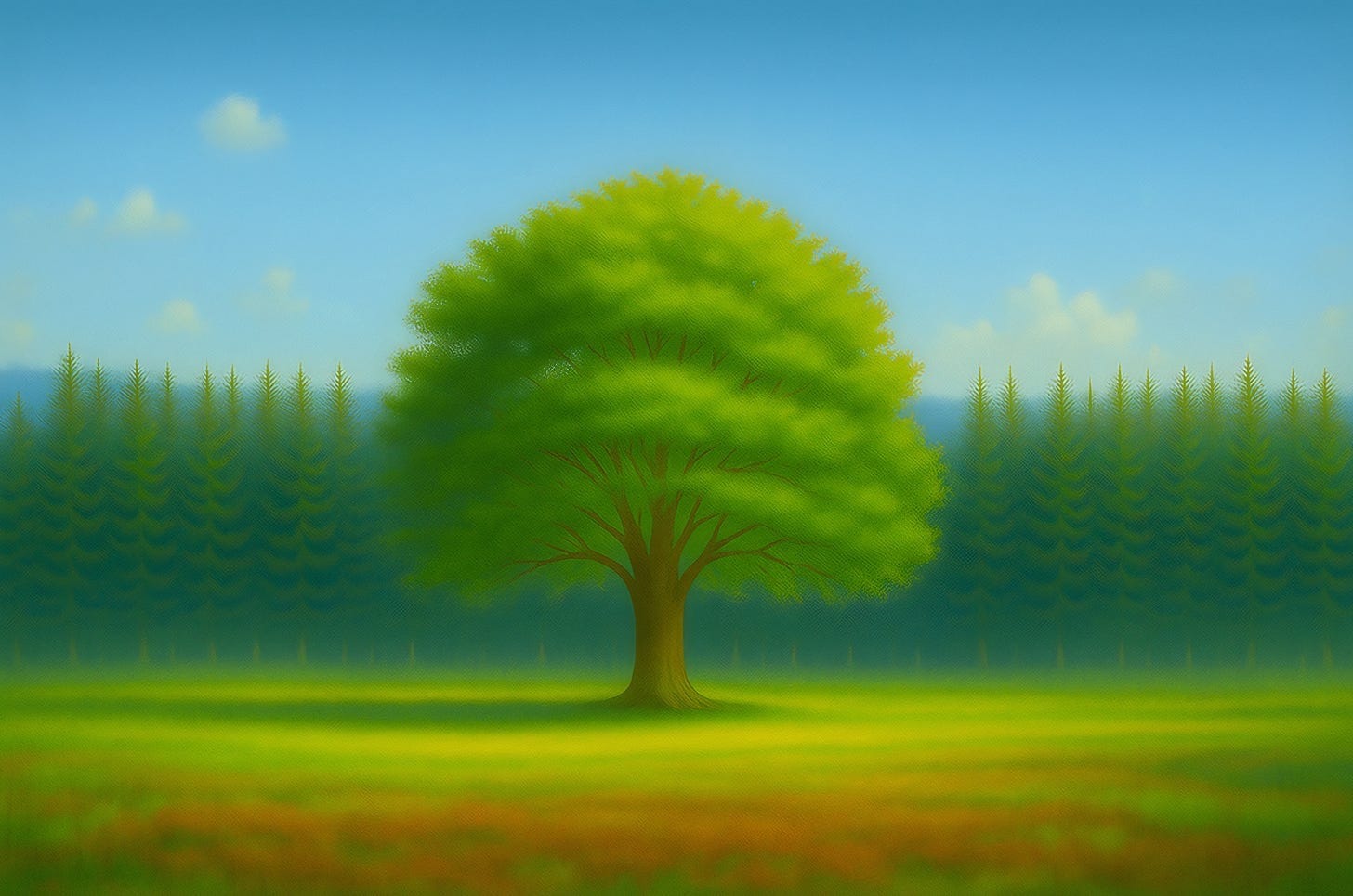 A mother tree standing in a field in front of a forest AI-generated digital art of a glowing Mother Tree with deep interconnected root systems, illustrating Suzanne Simard's forest ecology concept.
