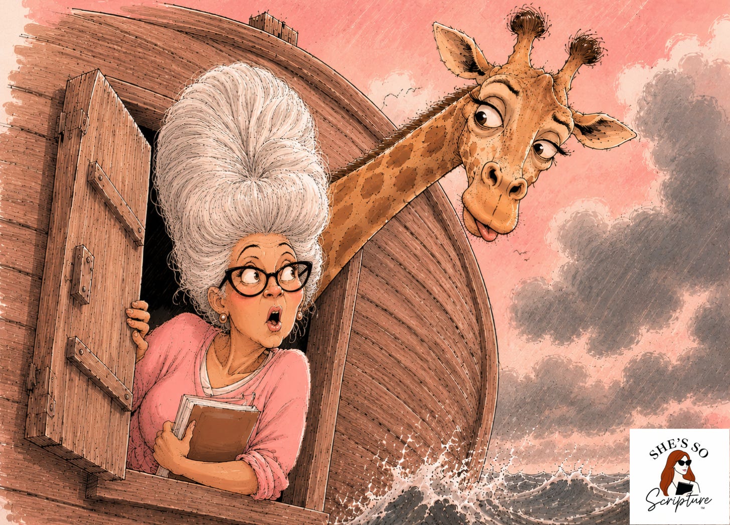 Whimsical illustration of a wide-eyed older woman with an enormous silver bouffant hairdo, wearing pink and holding a Bible, leaning out of the window of Noah's ark in a rainstorm, while a giraffe peers over the side of the ark behind her with a distinctly unimpressed expression.