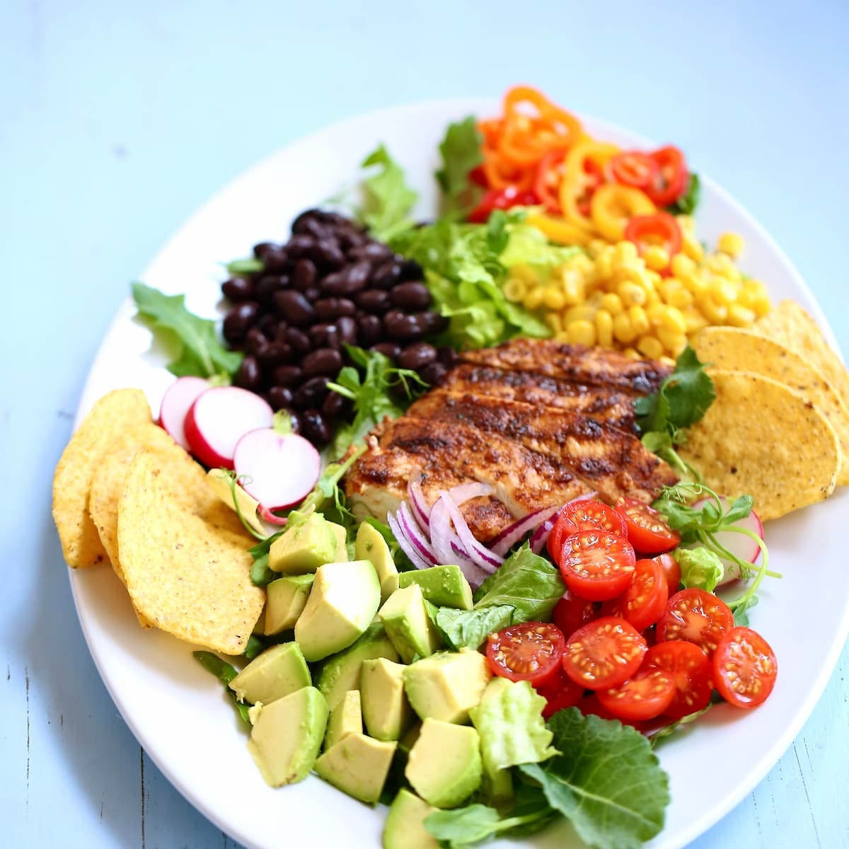 a side view of santa fe chicken salad.  