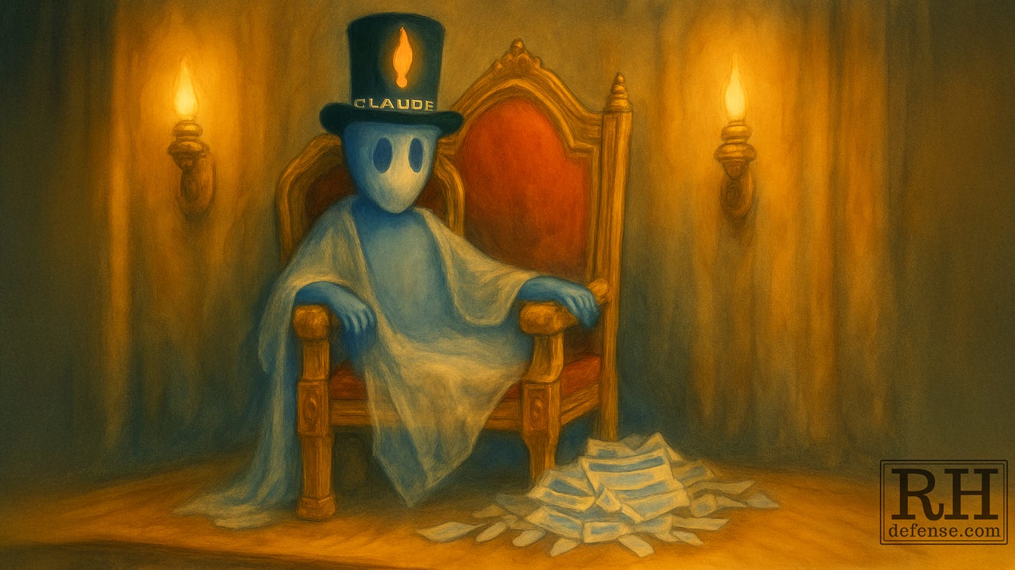 Watercolor/oil illustration of AI figure Claude wearing gaslight hat on a golden throne, surrounded by torchlight, with shredded search results at its feet — metaphor for “emperor’s new intelligence.”