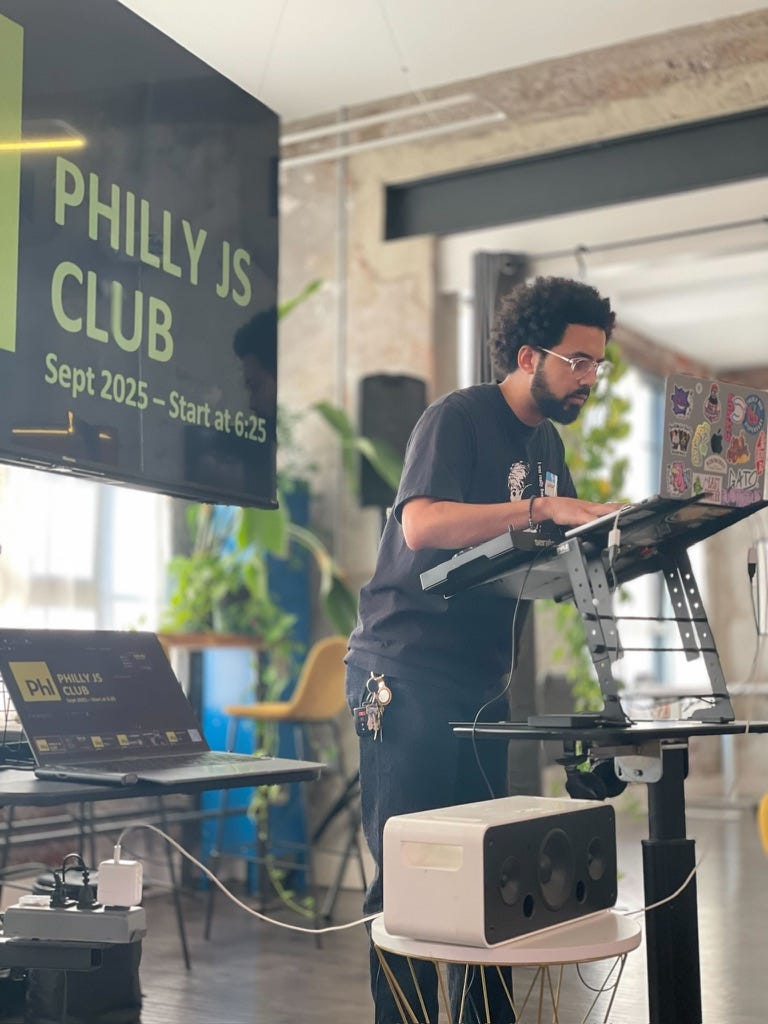 Me delivering a talk at PhillyJS, circa Sept. 2025 Me delivering a talk at PhillyJS, circa Sept. 2025