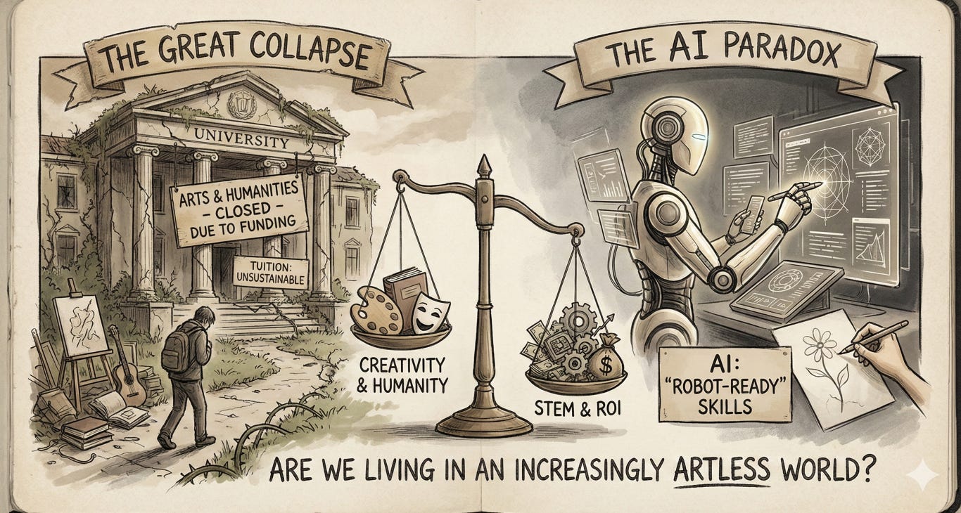 Gemini said A conceptual drawing in a notebook style. The left side, labeled "THE GREAT COLLAPSE," shows a crumbling university with signs reading "ARTS & HUMANITIES - CLOSED - DUE TO FUNDING" and a student walking away. A central scale tips heavily toward "STEM & ROI" over "CREATIVITY & HUMANITY." The right side, "THE AI PARADOX," depicts a robot working at screens alongside a human hand drawing, labeled "AI: 'ROBOT-READY' SKILLS." Large text across the bottom asks: "ARE WE LIVING IN AN INCREASINGLY ARTLESS WORLD?"