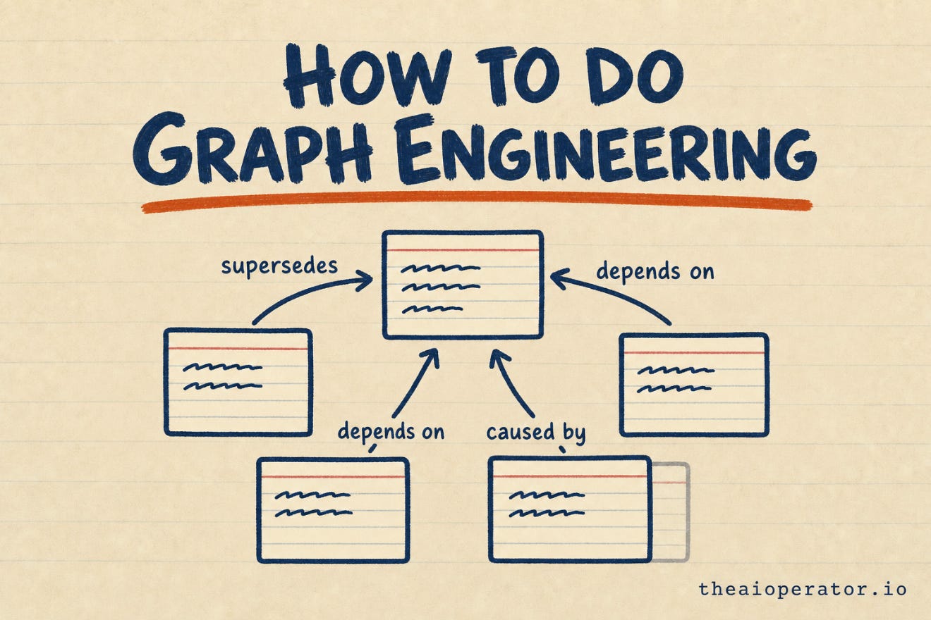 Hand-drawn sketchnote title card reading How to Do Graph Engineering, five note cards connected by arrows labeled supersedes, depends on, and caused by. Hand-drawn sketchnote title card reading How to Do Graph Engineering, five note cards connected by arrows labeled supersedes, depends on, and caused by.