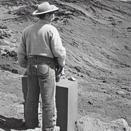 A man wearing gray jeans, a white sweatshirt and an Irish country hat stands on Iapetus, the moon of Saturn, There is a field of energy that encloses the man, The field of energy hovers just above the man's clothes and skin, but is tight around the hat, The man stands facing an alien monument, a statue of an alien creature with arms raised and outstretched
