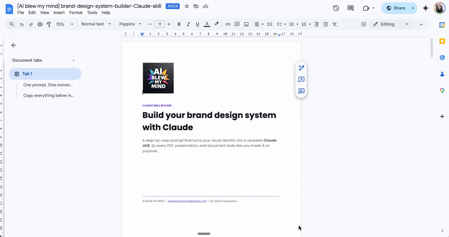 Scrolling through the full six-page brand design system prompt for Claude, showing the complete step-by-step instructions that guide you from brand discovery to a finished reusable skill.