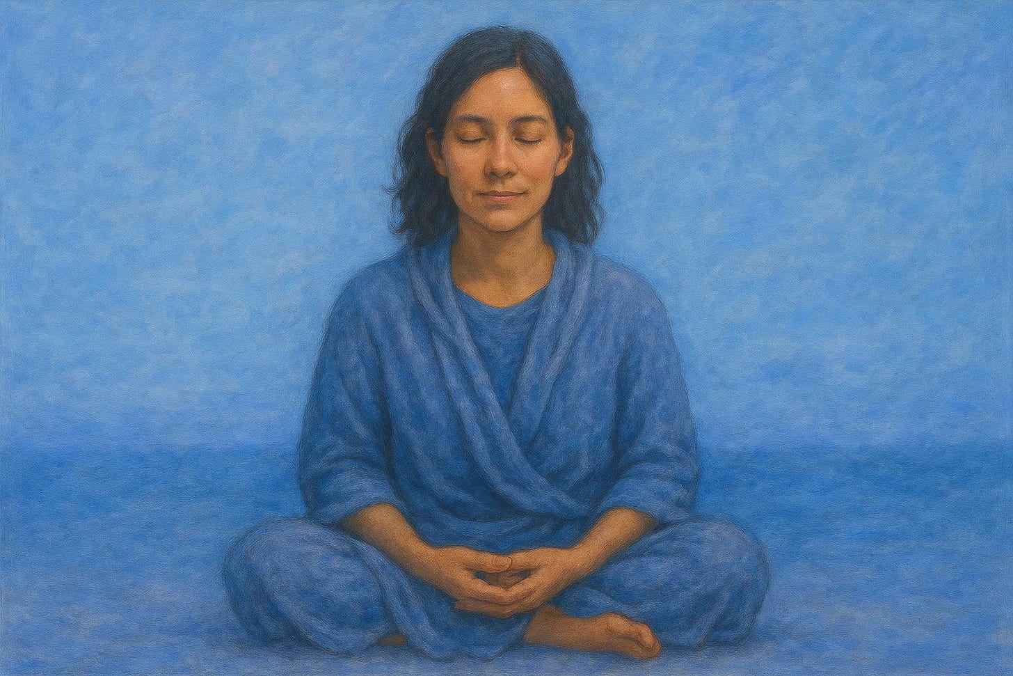 Prompts: Generate an image of a wise woman, sitting cross legged, eyes closed, emanating a calm, generous, and intelligent spirit. Can you make the color palette a more cool palette that reflects sky and ocean and nature? Don't glam her up at all, make her age ~40s.