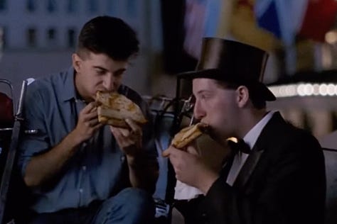 Adults eating slices of pizza across New York City in the opening credits of Teenage Mutant Ninja Turtles II: The Secret of the Ooze | Film Flavor: A Newsletter Surveying Food in Film